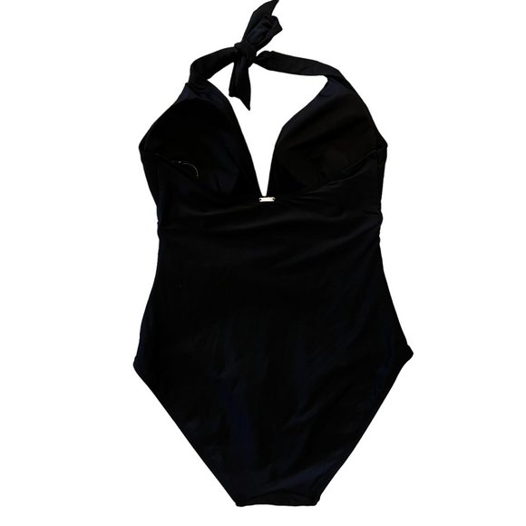 Always Classy! DKNY Black Ruched Halter Neck One-Piece Swim Suit Size XL - Picture 2 of 10